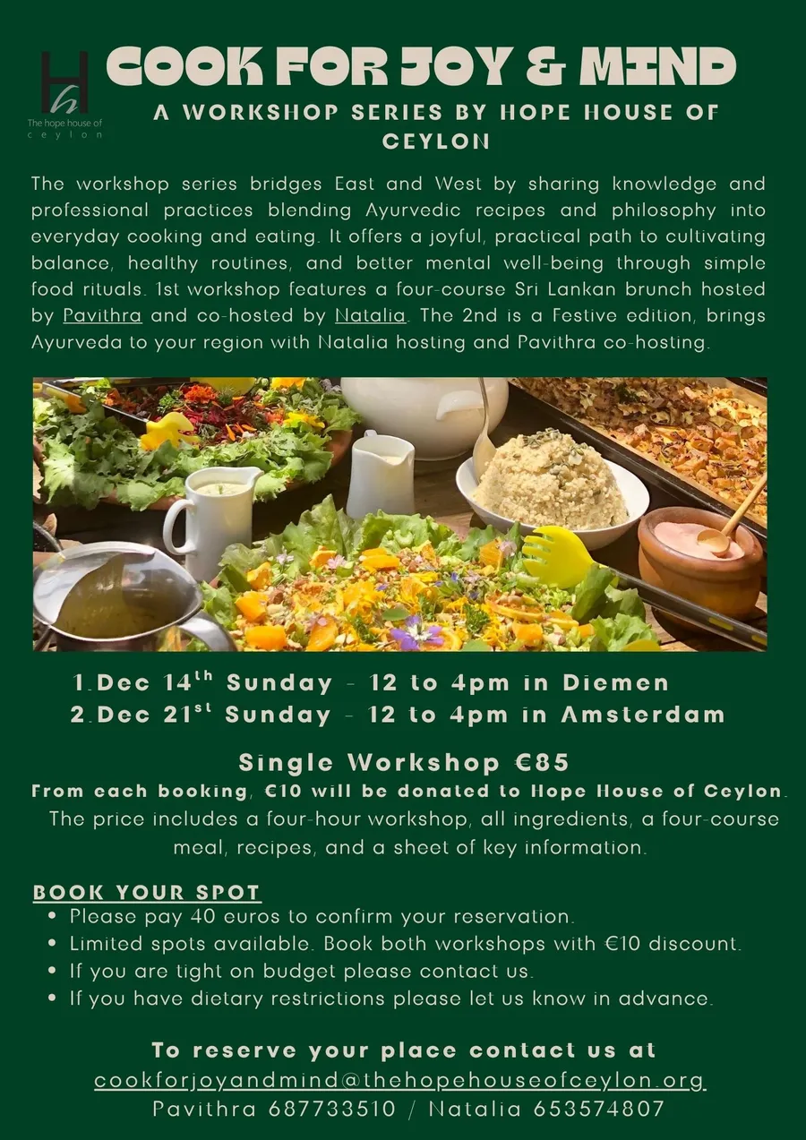 Cook for Joy & Mind series flyer with workshop dates, booking details, and pricing